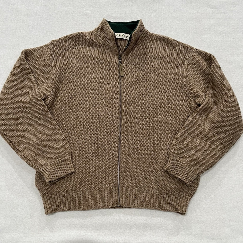 Orvis Sweater Cardigan Mens Large Wool Blend Full Zip Tan Knit Jacket Outdoors